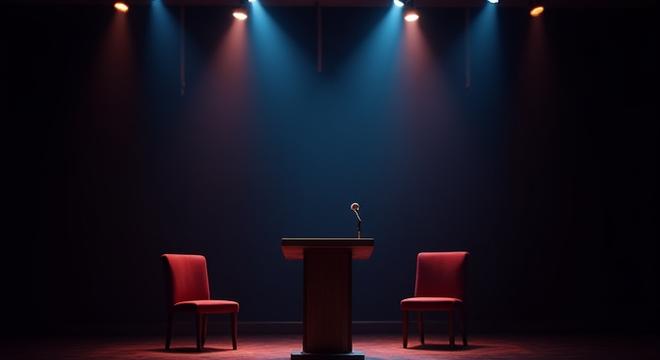 Escenario con micrófono y luces, preparado para un evento literario en vivo